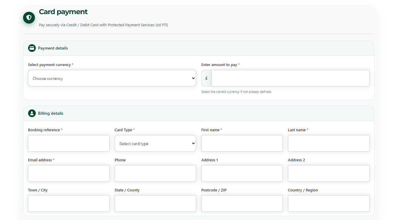 GoAppily Secure Card Payment Form Secure online card payment form for travel bookings with currency and billing details