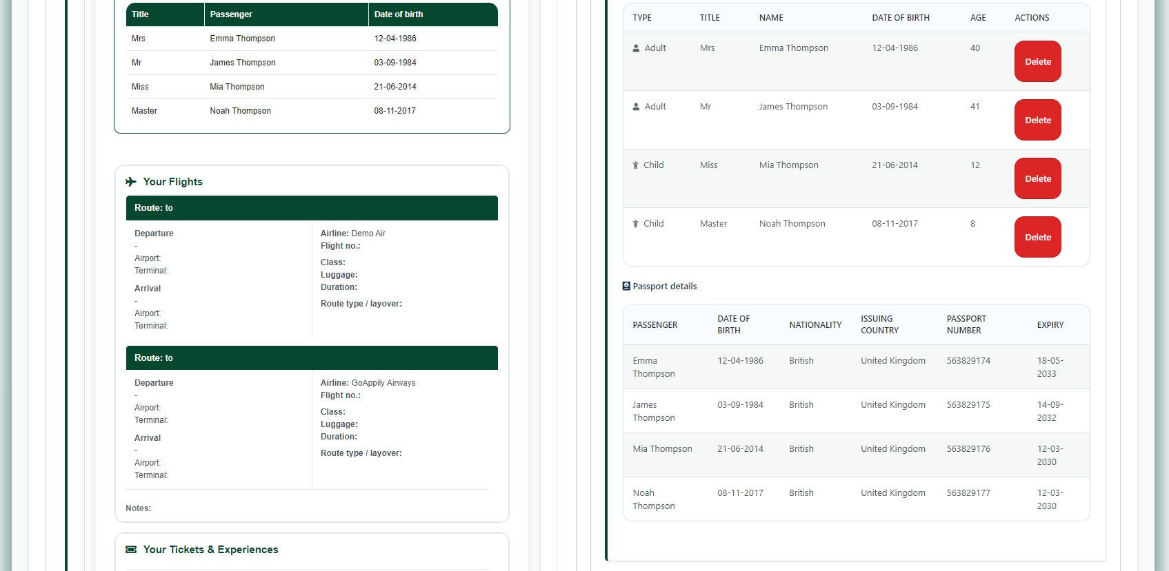 GoAppily Travel CRM Interface GoAppily CRM interface showing traveller details, flights, and passport management for travel agents
