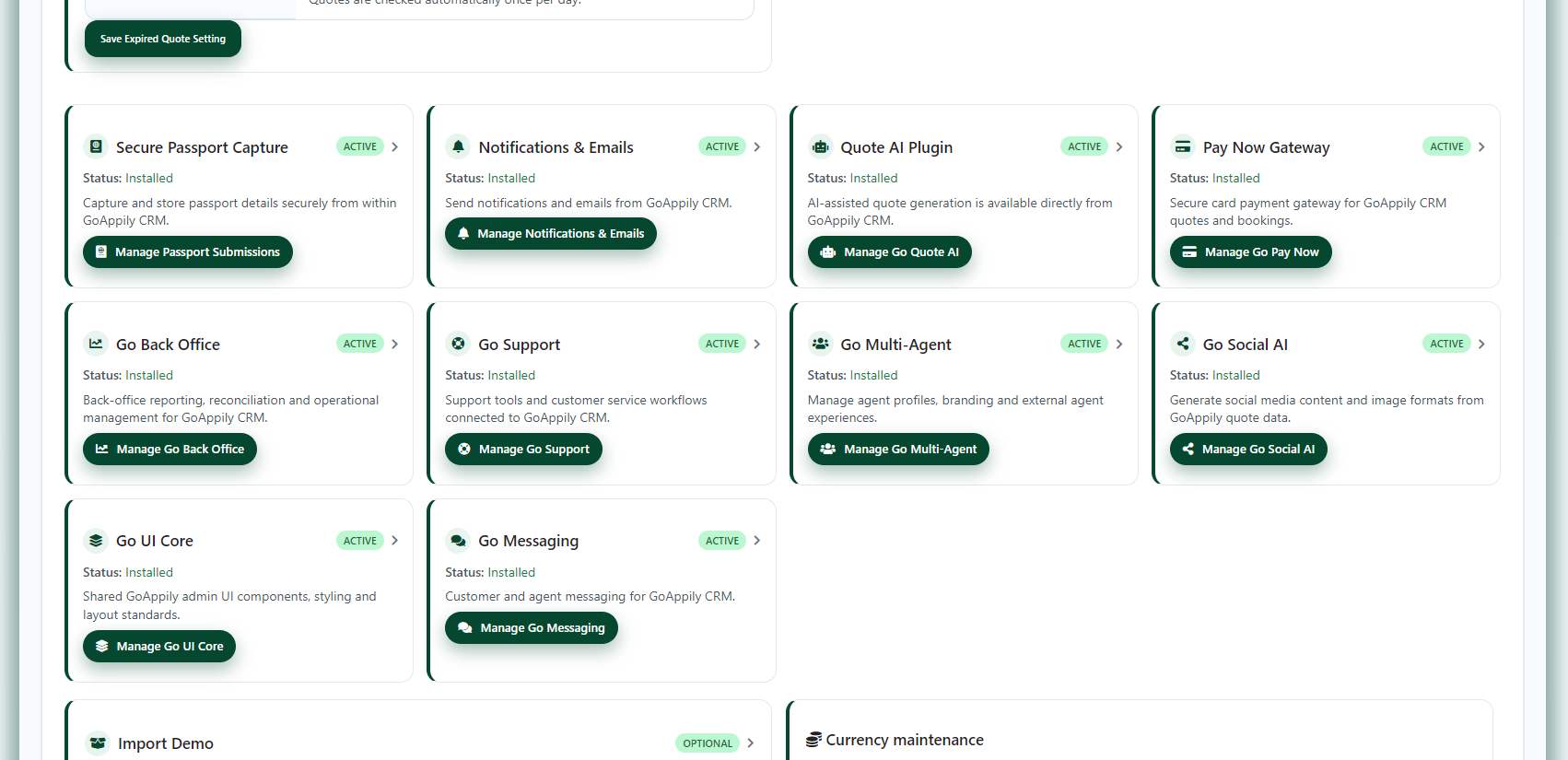 GoAppily CRM Plugin Modules Dashboard GoAppily CRM dashboard showing active plugin modules for travel business management