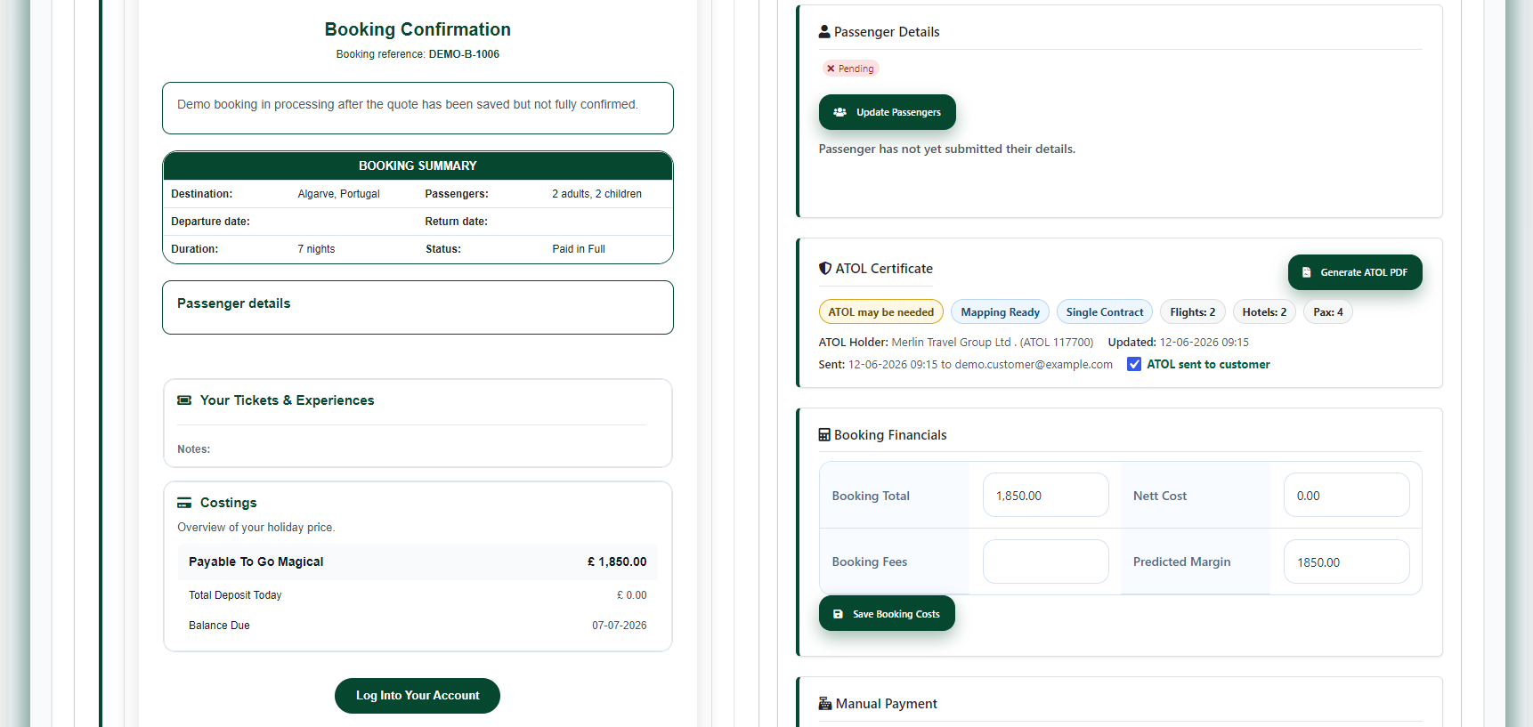 GoAppily CRM Booking Confirmation Screenshot Booking confirmation screen summarising travel booking details and financials in GoAppily CRM