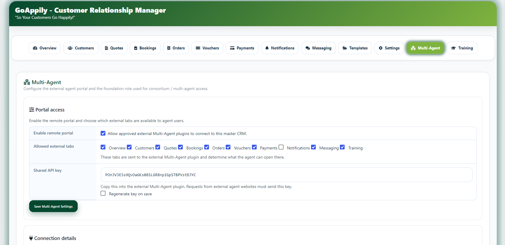 Multi-Agent Portal Settings in GoAppily CRM Multi-Agent portal settings screen for managing external agent access in travel CRM