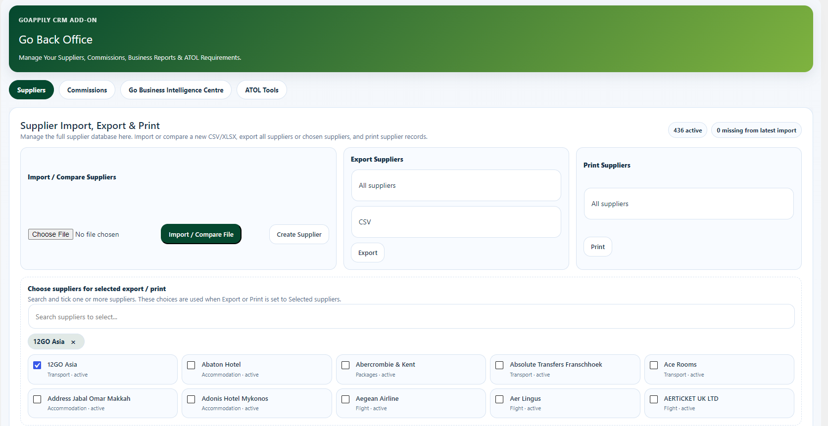 Go Back Office interface for importing, exporting, and printing travel supplier data