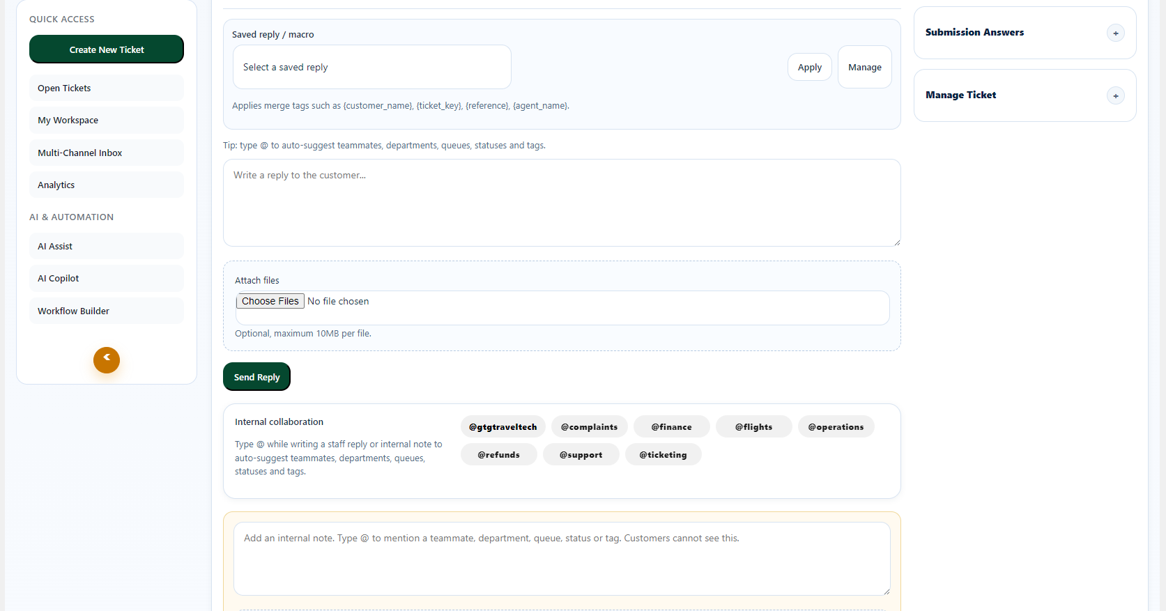 Go Support Ticket Reply Interface Go Support interface showing ticket reply, AI assist, and collaboration tools in travel CRM