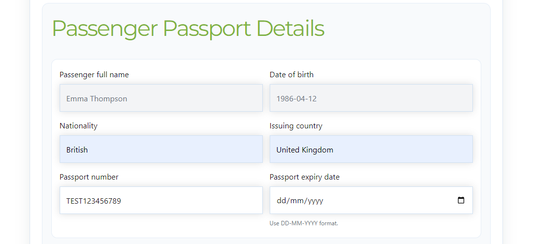 Screenshot of a passenger passport details form showing fields for name, date of birth, nationality, issuing country, passport number, and expiry date.
