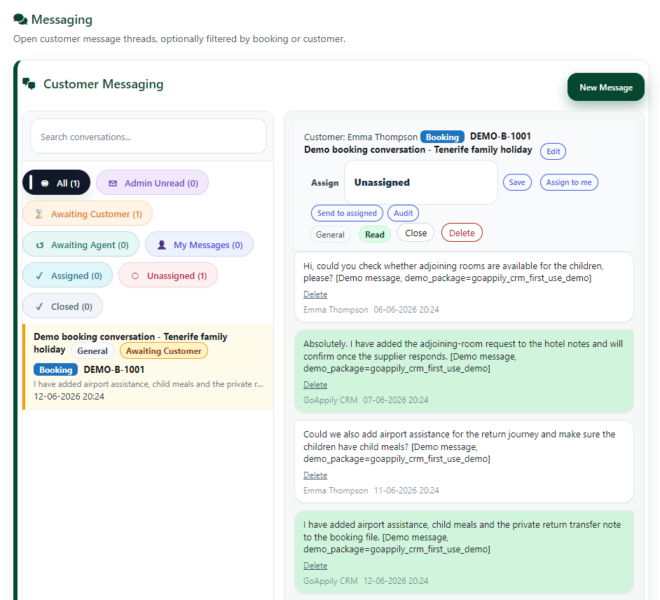 GoAppily CRM messaging interface showing customer conversation threads and message details