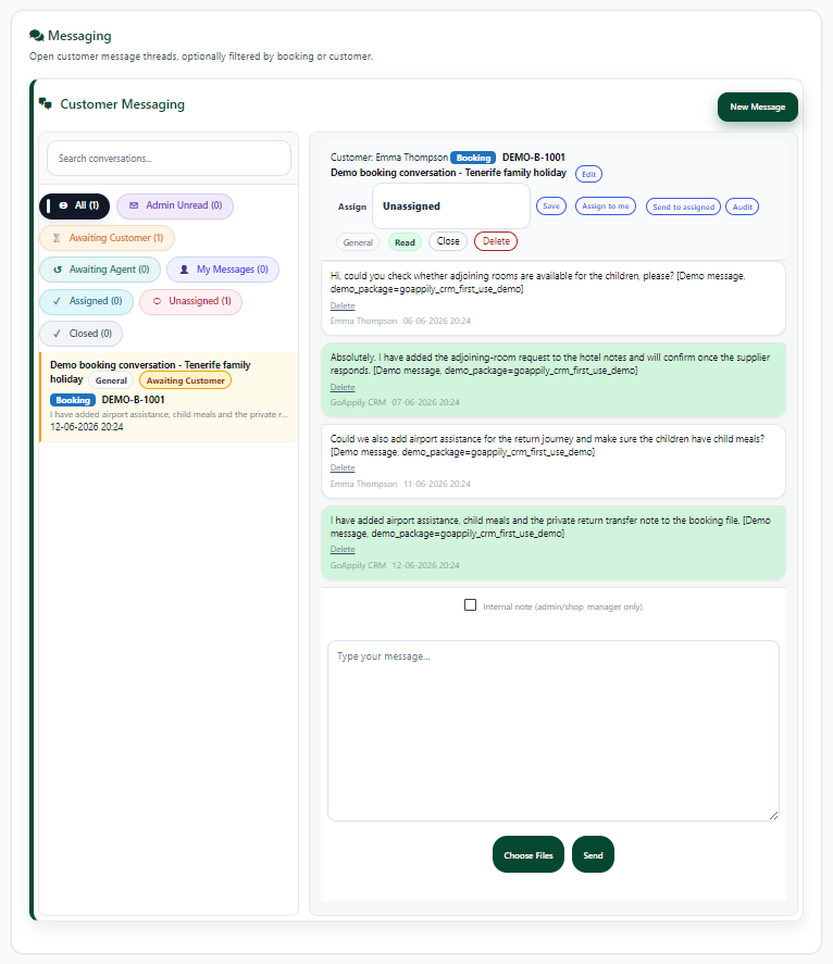 GoAppily CRM messaging interface showing customer booking conversation management