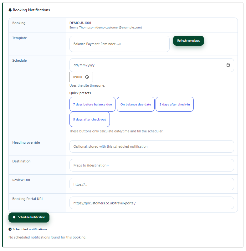 Booking Notifications interface showing scheduling options for automated customer reminders