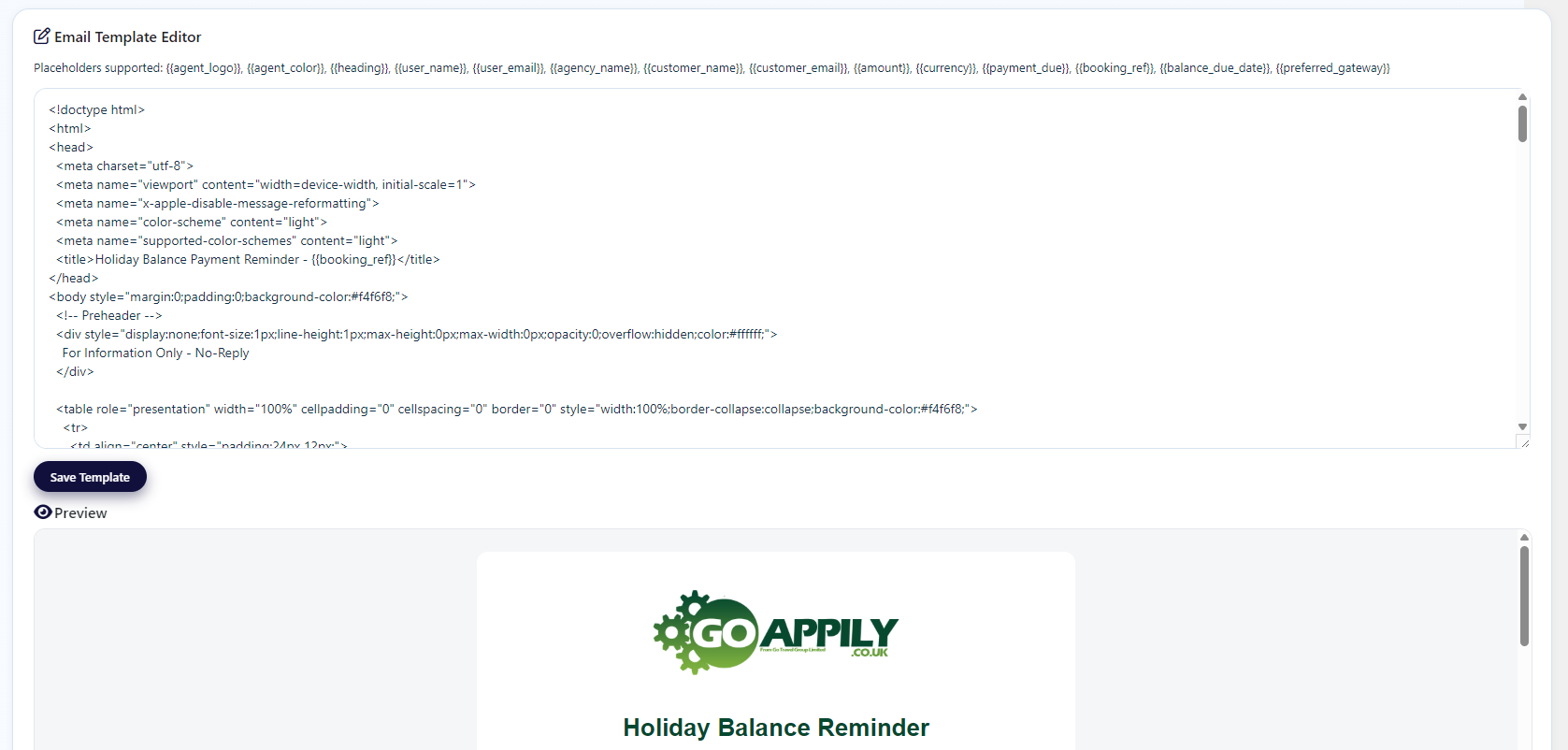 Screenshot of automated email template editor for holiday balance payment reminders
