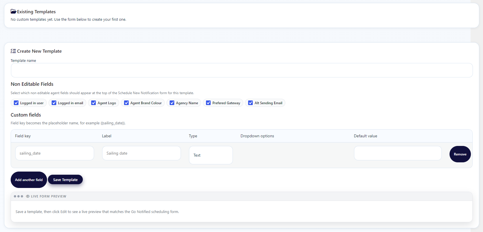 Dashboard interface for creating automated notification templates in GoAppily Travel CRM