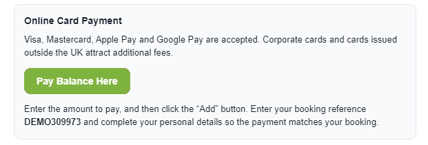Online card payment instructions with accepted payment methods and payment button