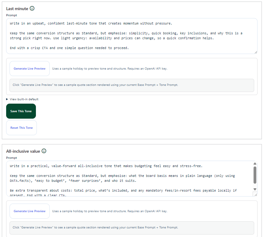 Screenshot of Go Quote AI interface showing professional holiday quote creation features