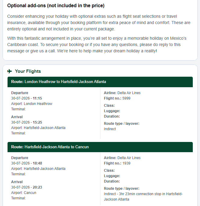 Flight itinerary details for London Heathrow to Atlanta and Atlanta to Cancun with Delta Air Lines