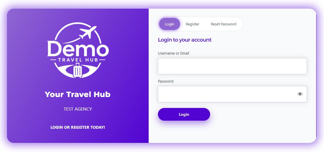 Demo Travel Hub Agent Login Portal Login portal for travel agents to access their branded workspace on Demo Travel Hub