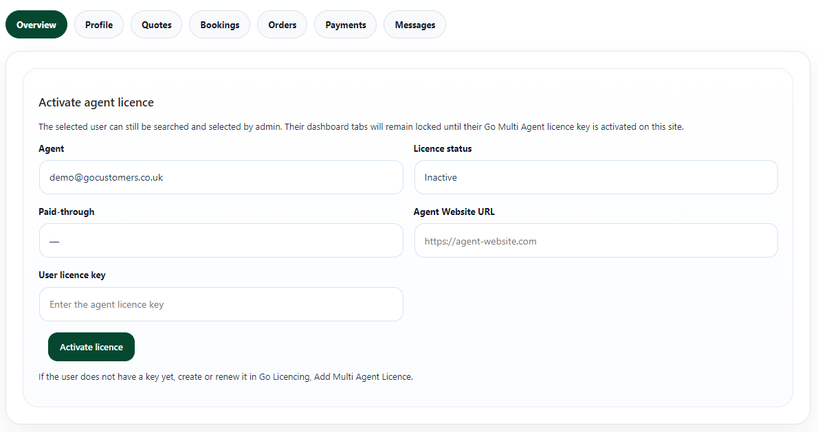 GoAppily Agent Licence Activation Screen GoAppily CRM agent licence activation interface showing fields for agent email, licence status, website URL, and licence key entry