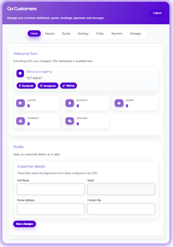 GoAppily CRM Customer Dashboard Interface GoAppily CRM customer dashboard interface showing quotes, bookings, orders, payments, messages, and profile details.