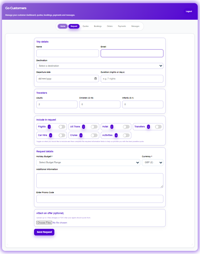 GoAppily Customer Request Form Interface Travel agent customer request form interface for managing quotes and bookings