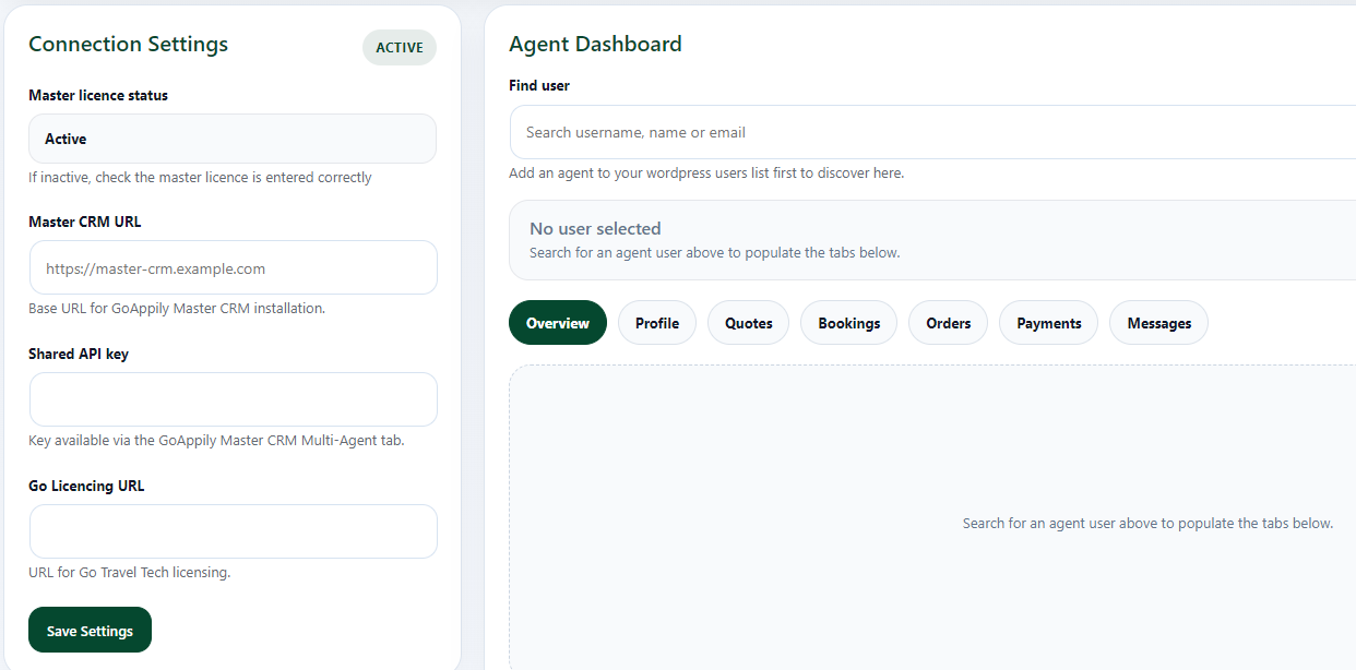 GoAppily CRM Agent Network Dashboard GoAppily CRM connection settings and agent dashboard interface for managing travel agents