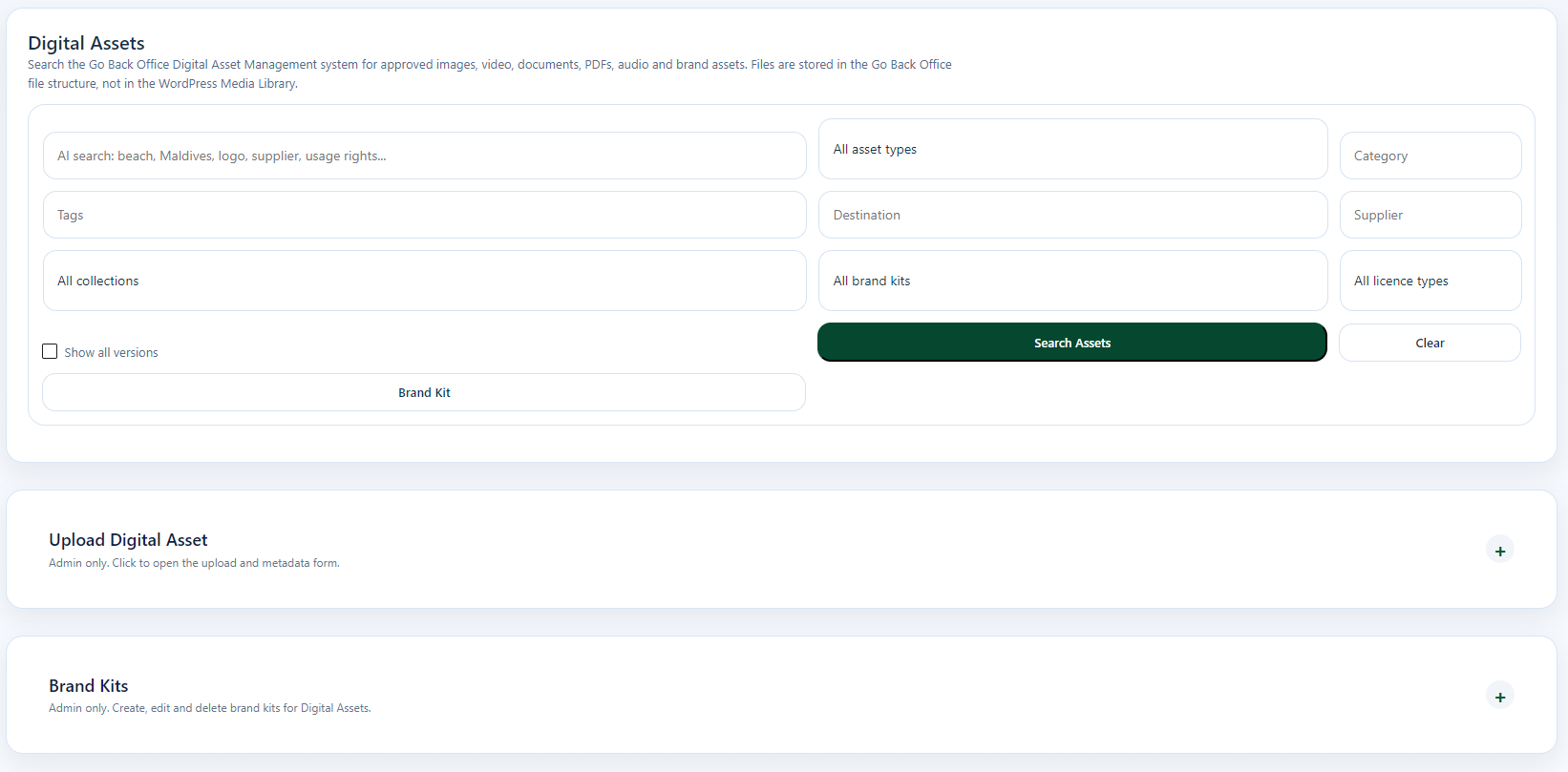 Digital Assets Management Interface Dashboard interface for managing and searching digital assets in a travel CRM system