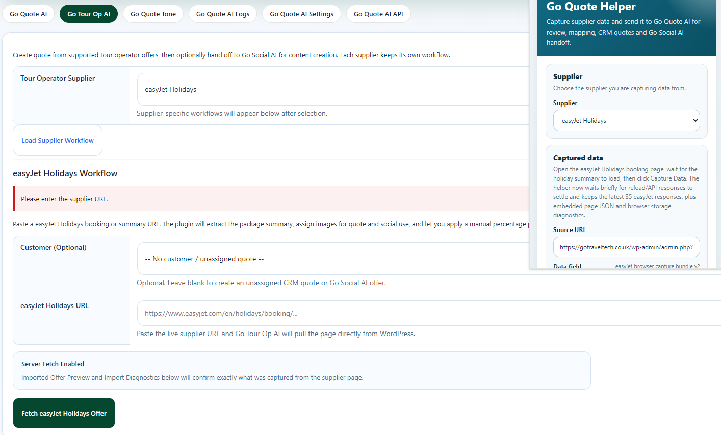 Go Tour Op AI Interface Screenshot Go Tour Op AI interface for quoting external tour operator holiday offers in GoAppily CRM