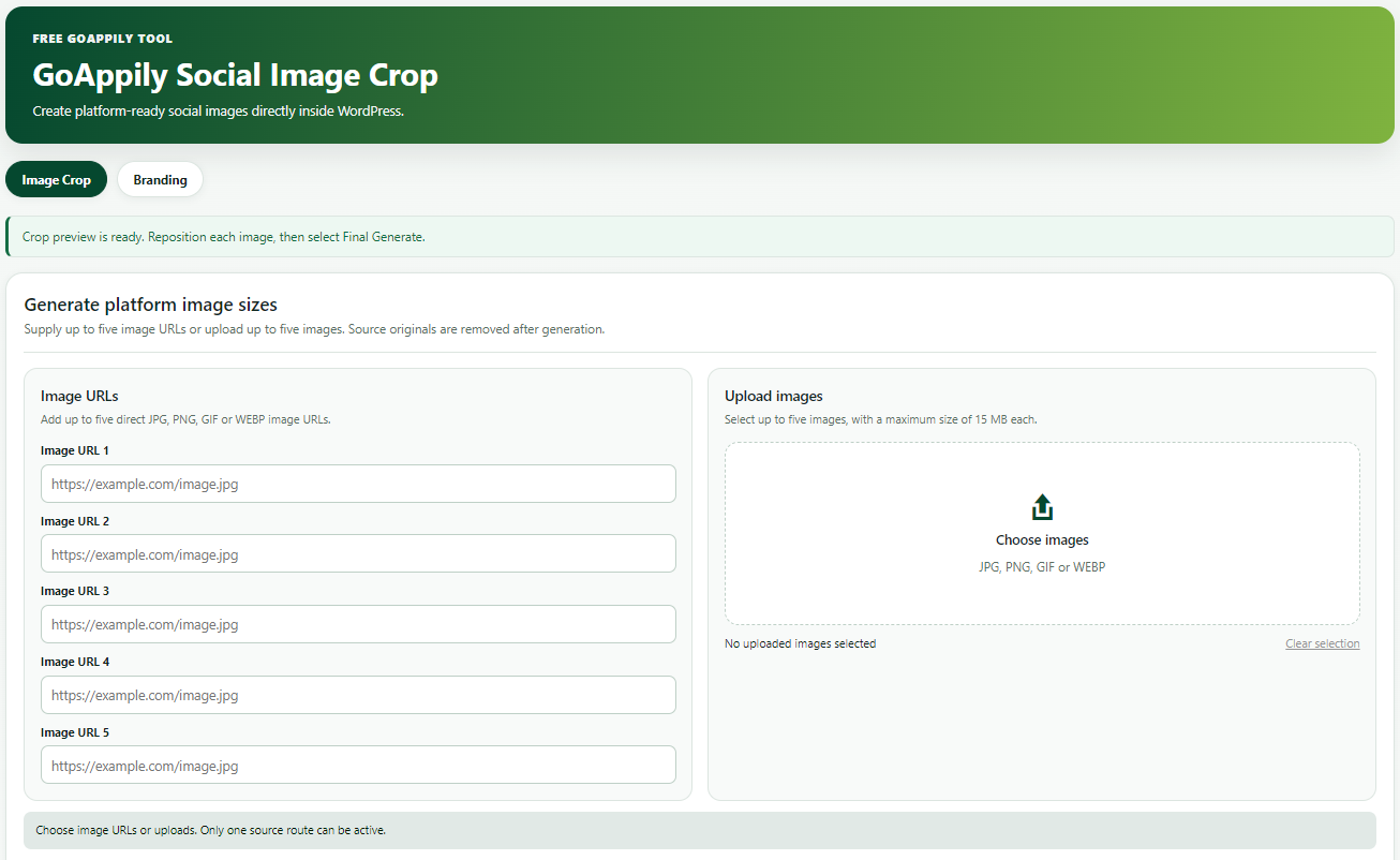GoAppily Social Image Crop tool interface for creating social images inside WordPress